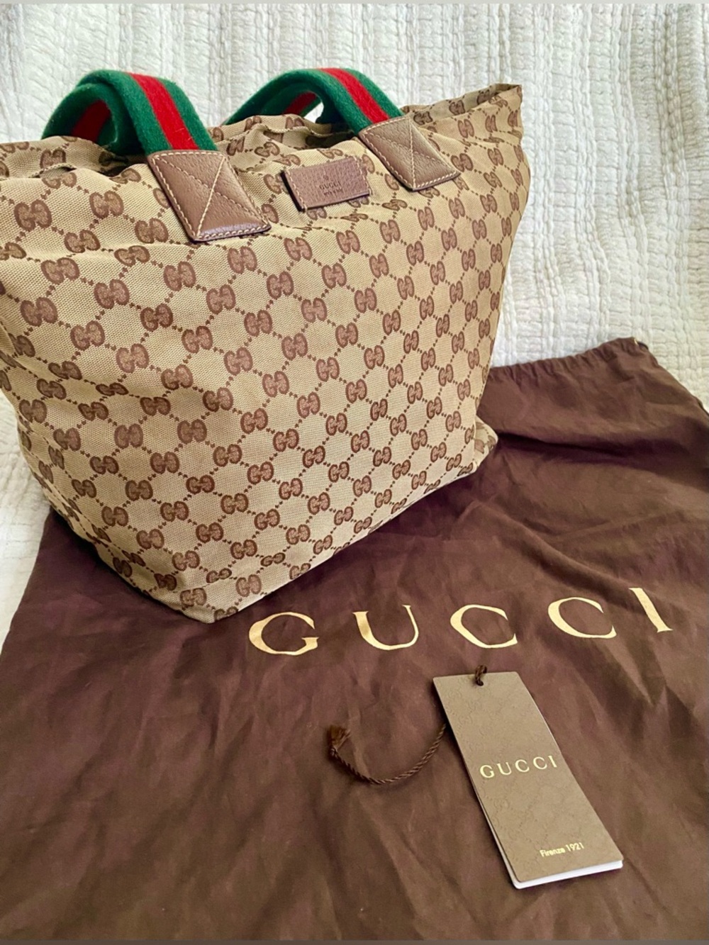 Gucci GG Supreme Canvas Tote Bag Web Stripe Handles Beige Brown - Picture 11 of 15
